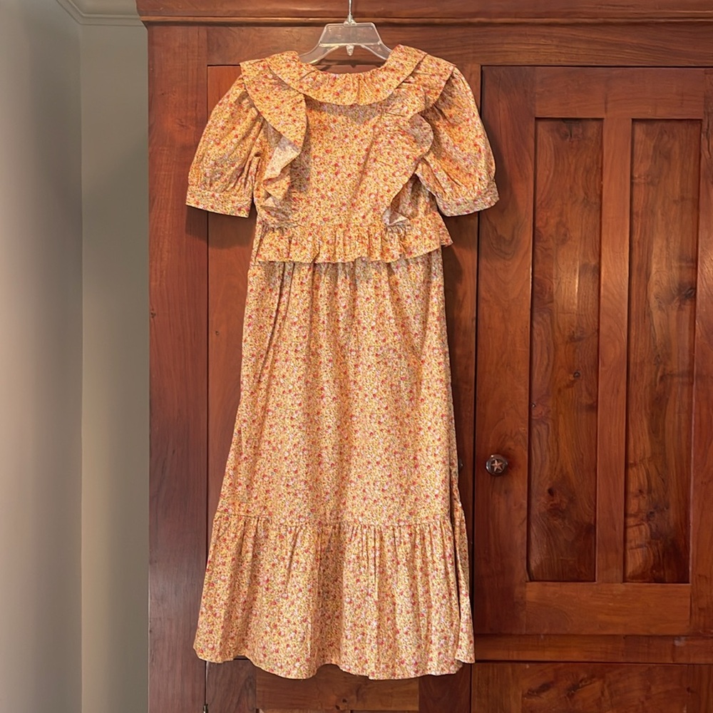 English Factory | Cotton Floral Ruffled Midi Dress, orange with pink roses, XS - Picture 2 of 11